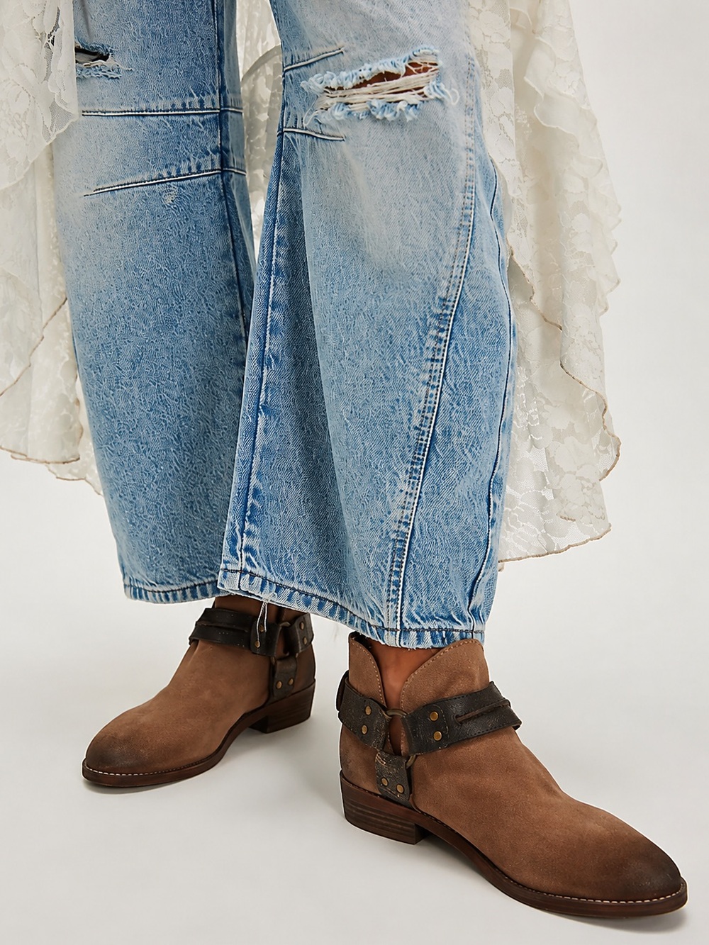 FREE PEOPLE Belle Harness Boots - Size 8 - Fawn Suede Boho Western Ankle Boots